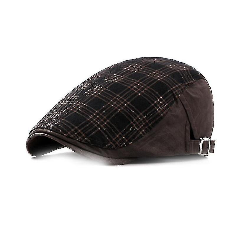Plaid Pattern Men Breathable Cotton Newsboy Cap Soft Cabbie Hatbrown
