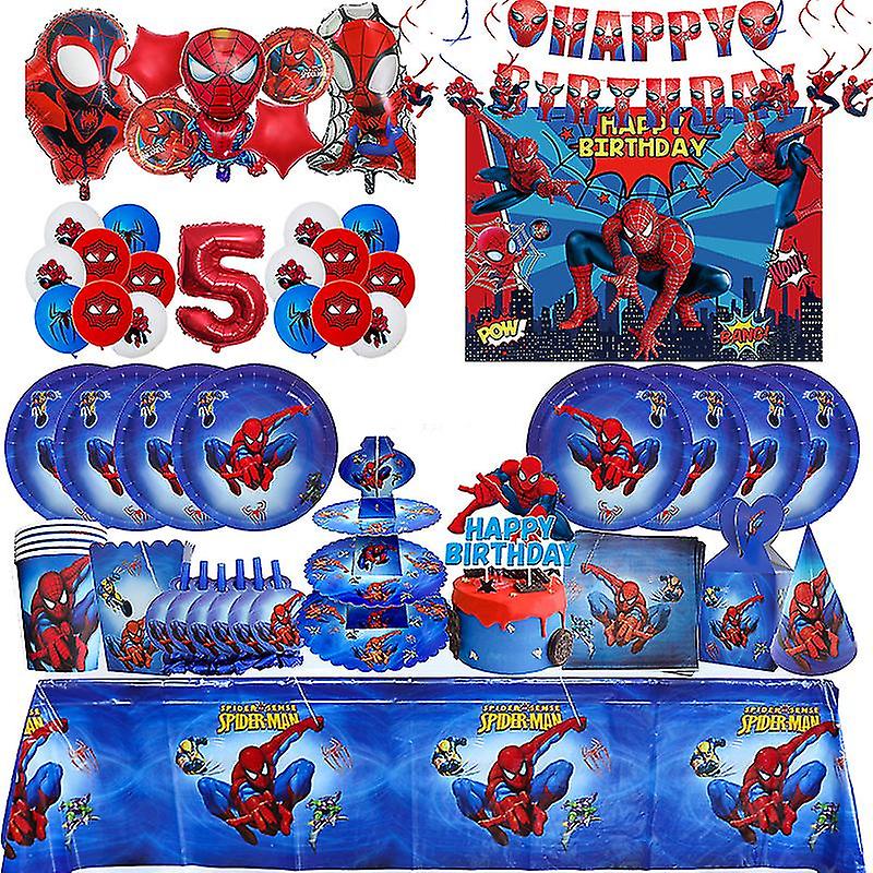 Spiderman Party Supplies Kit: Table Cover, Plates, Banner, Balloons For Kids