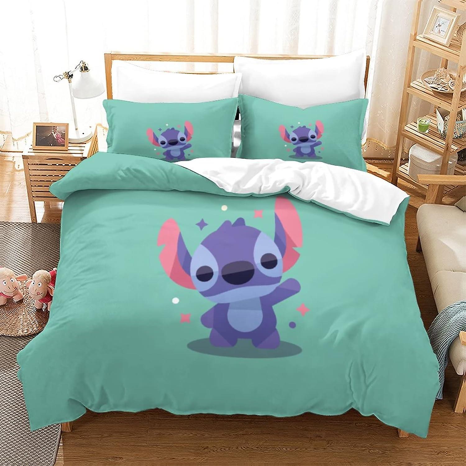 Stitch 3-delat set sängkläder set 3D-tryck täcke med dragkedja för tonåringar och barn vuxna mjukt mikrofiberöverkast