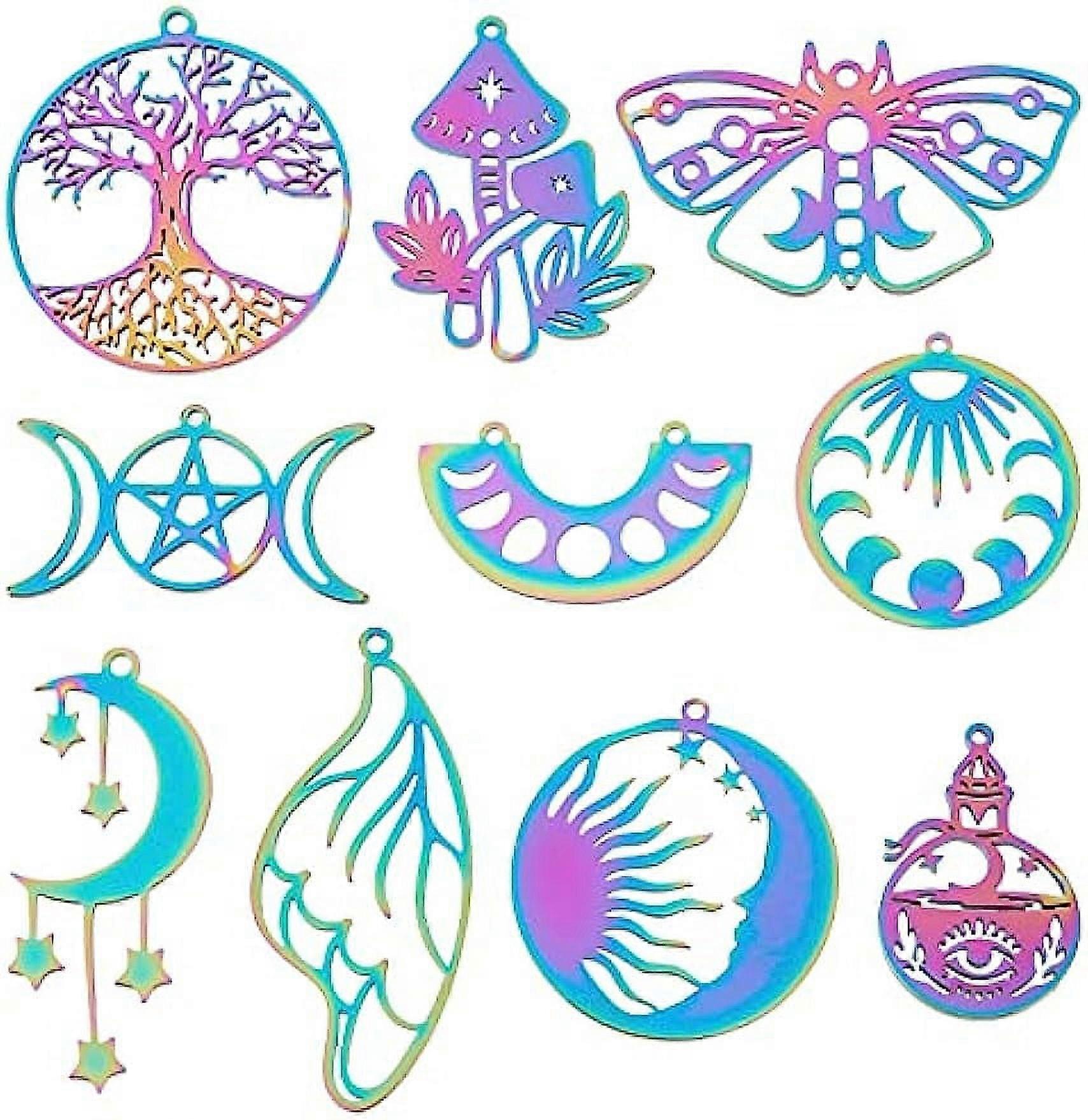1 Box Tarot Style Mushroom Charms Moon Phase Charm Rainbow Color Flat Round Tree of Life Charms Double Sided