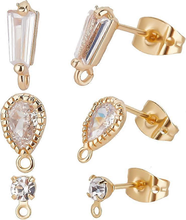 30Pcs 18K Gold Plated Stud Earrings Teardrop Flat Round Trapezoid Cubic Zirconia Earring Posts with Loop and Butterfly Earring Backs