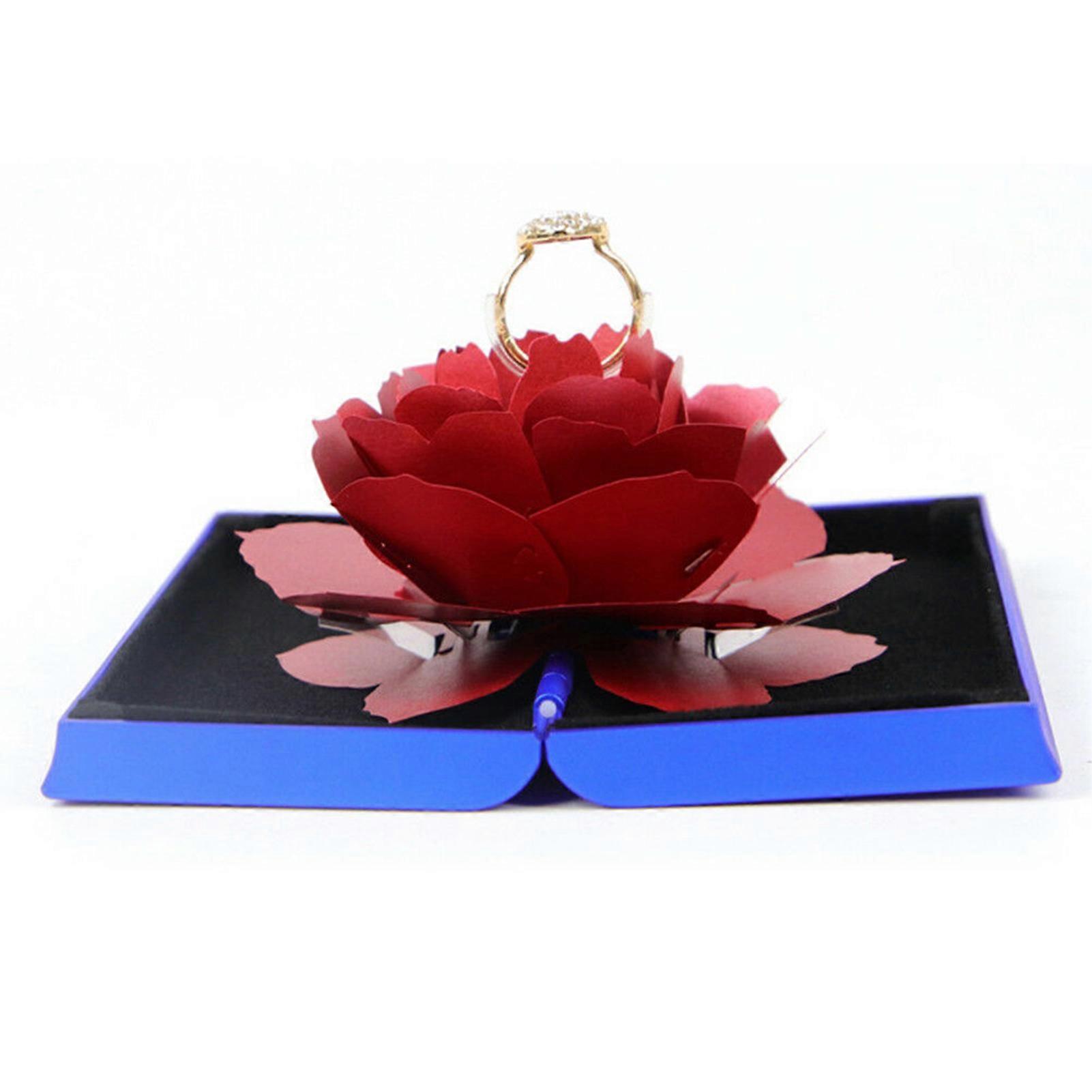 Beautiful 3D Pop Up Rose Ring Box Wedding Engagement Jewelry Storage Rectangular Proposal Rotating