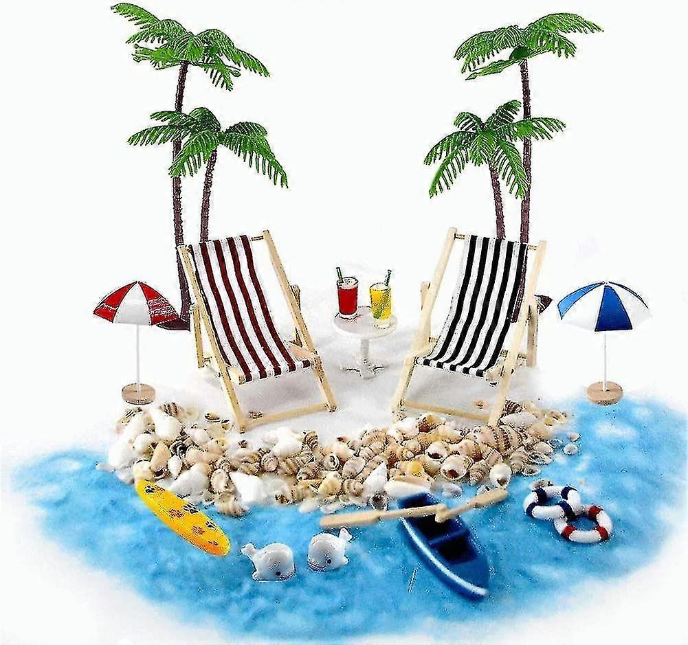 Beach Micro-landscape Mini Deck Chair Beach Chair Parasol Small Palm Tree Decoration Accessories, 16 Pieces Miniature Ornament Set For Diy Fairy, Gard