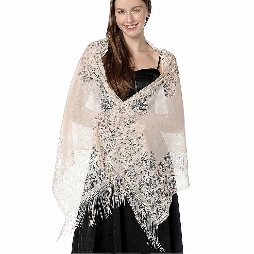 Women's Floral Lace Scarf Shawl with Tassels, Soft Mesh Fringe Wraps for Wedding Evening Party Dresses
