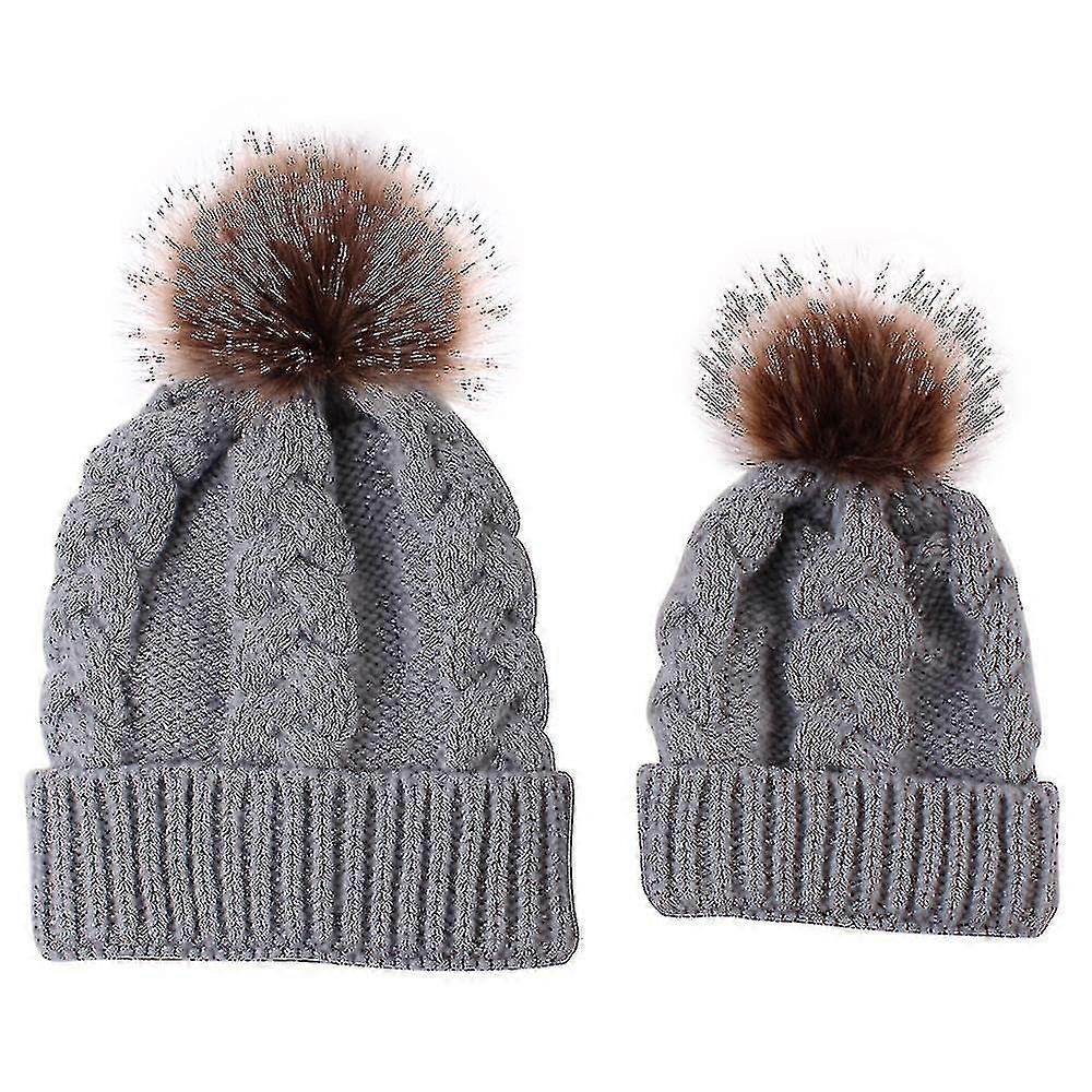 Knit Hat Warm With Fur Pom Pom 2pcs-