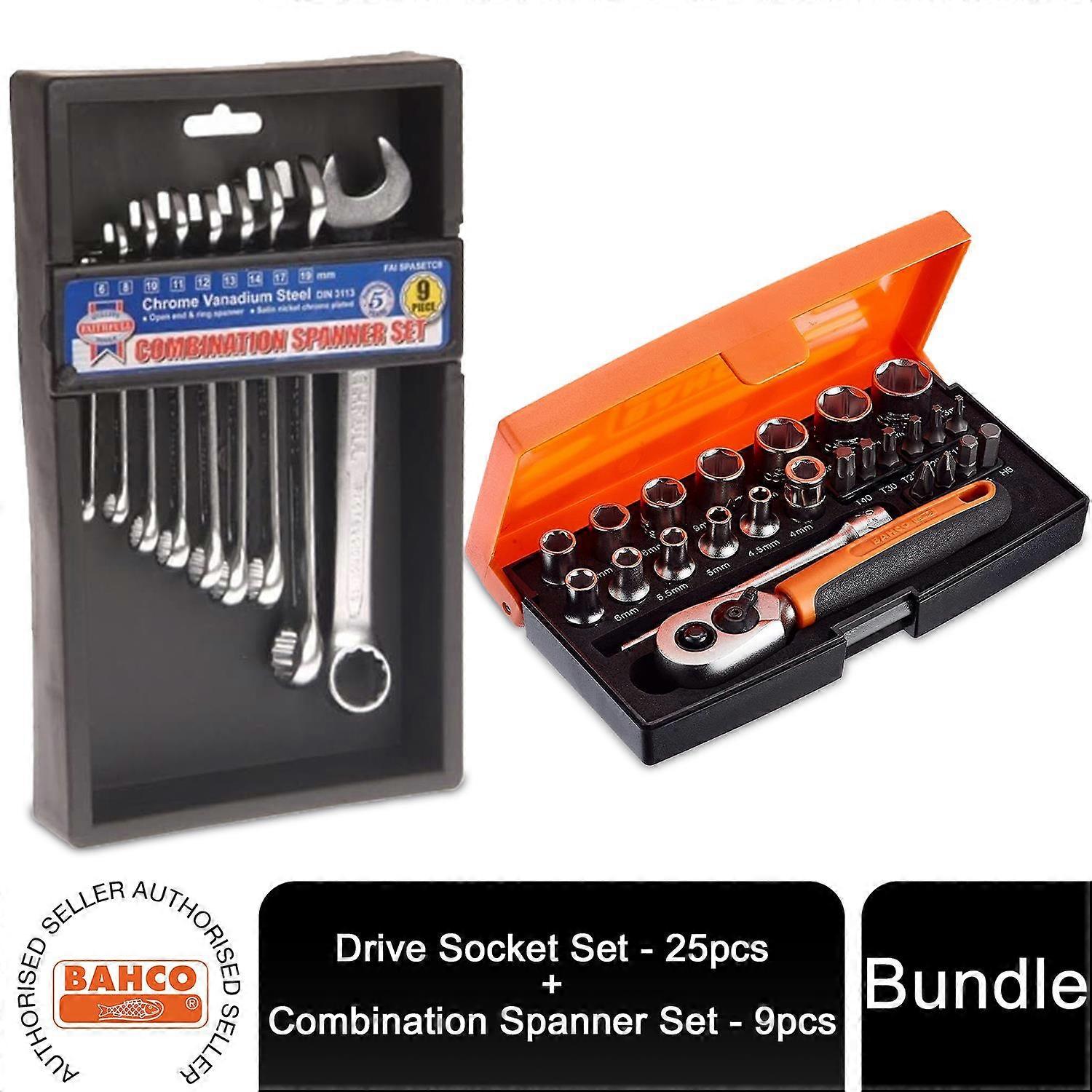 Bahco Ratchet Socket Set 25 Pcs with Faithfull Combination Spanner CV Set 9 Pcs