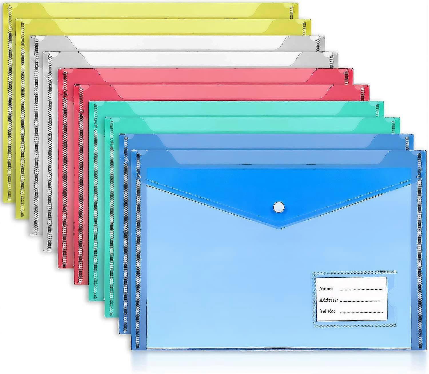 Pack Of 10 Plastic Wallets A4 - Plastic Folders A4 Of Size 33.5 X 23.5cm For Paperwork With 5 Distinct Color With Label Pocket And Snap Button - Docum