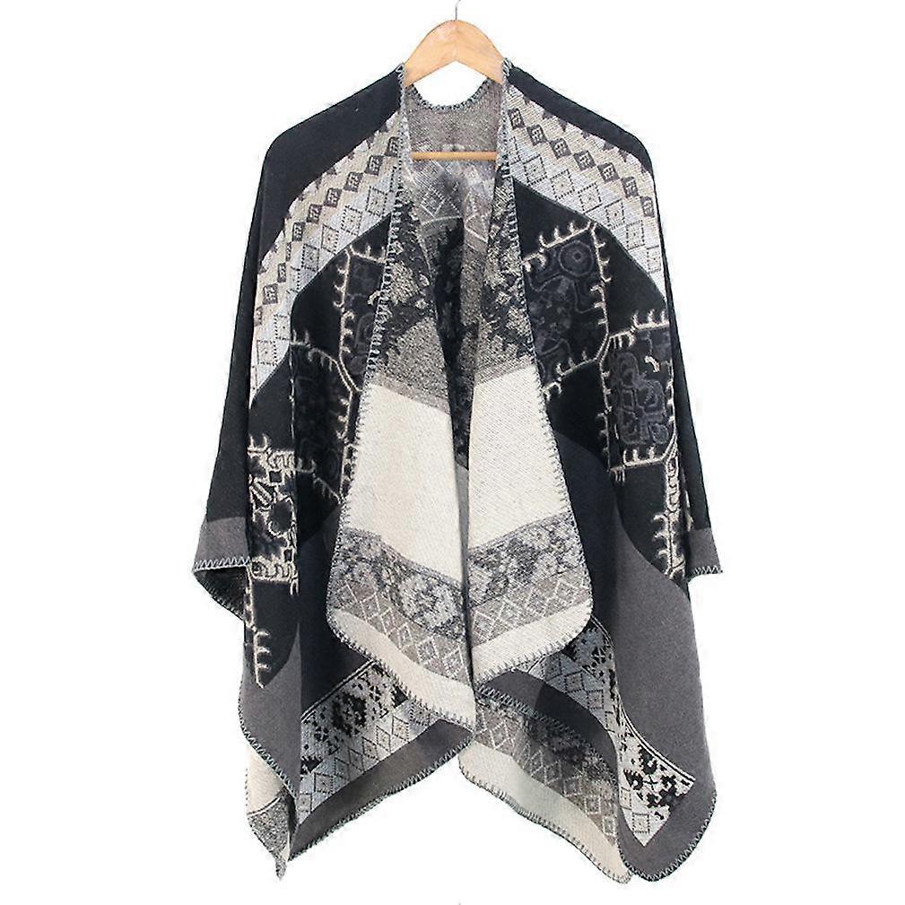 Warm Shawl Scarf Open Front Poncho Winter Cardigant with Geometric Pattern for Lady