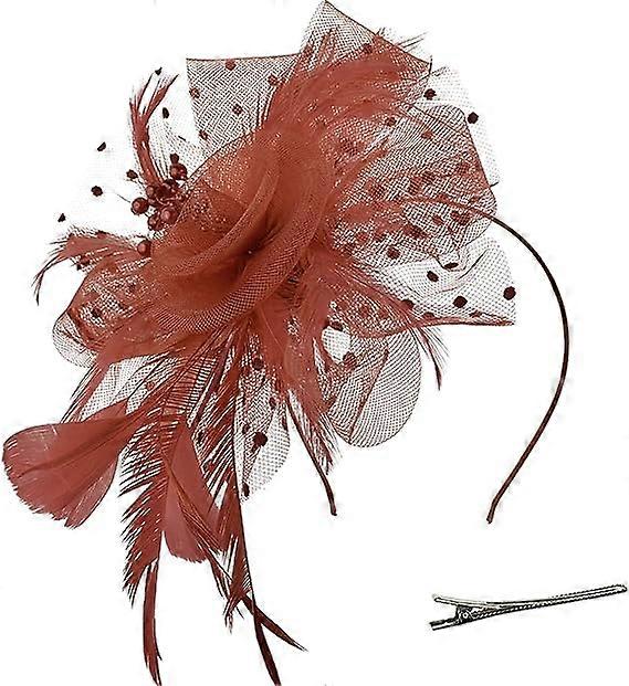 Polka dot headdress with feathers and beads (coffee), flower mesh ribbon Feather headband Forked clips Cocktail tea party headdress Headdress for girl