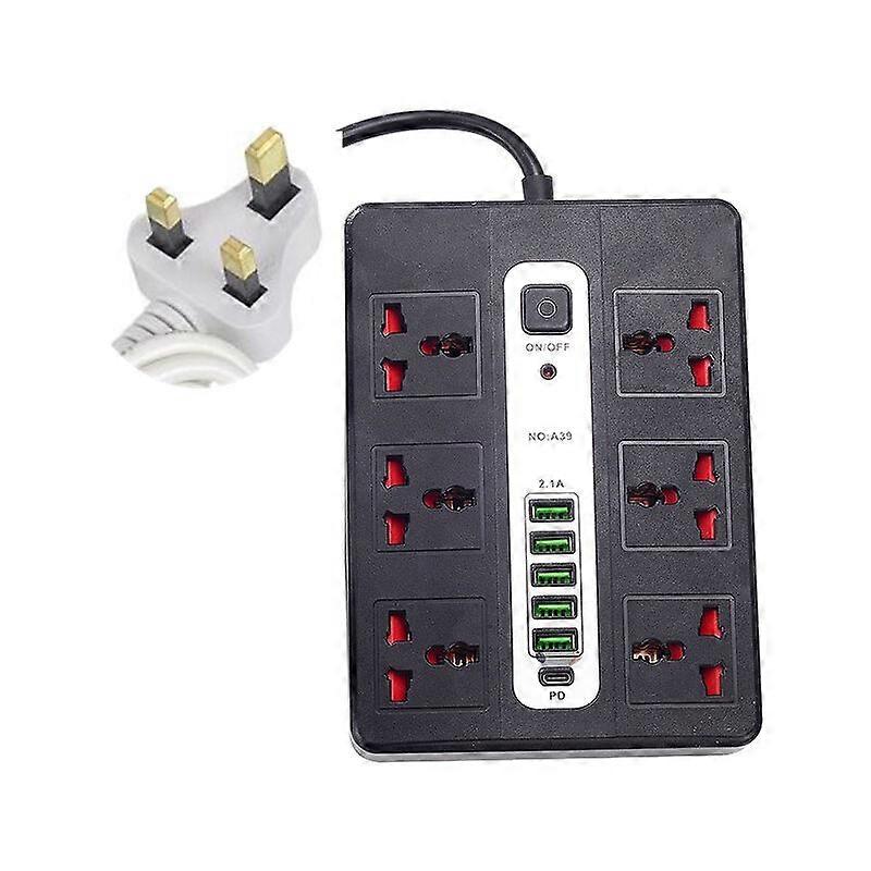 Extension Lead USB, Power Socket with 6 Outlet 5 USB Charging Station Power Strip Surge Protection with 2m Power Lead(black)