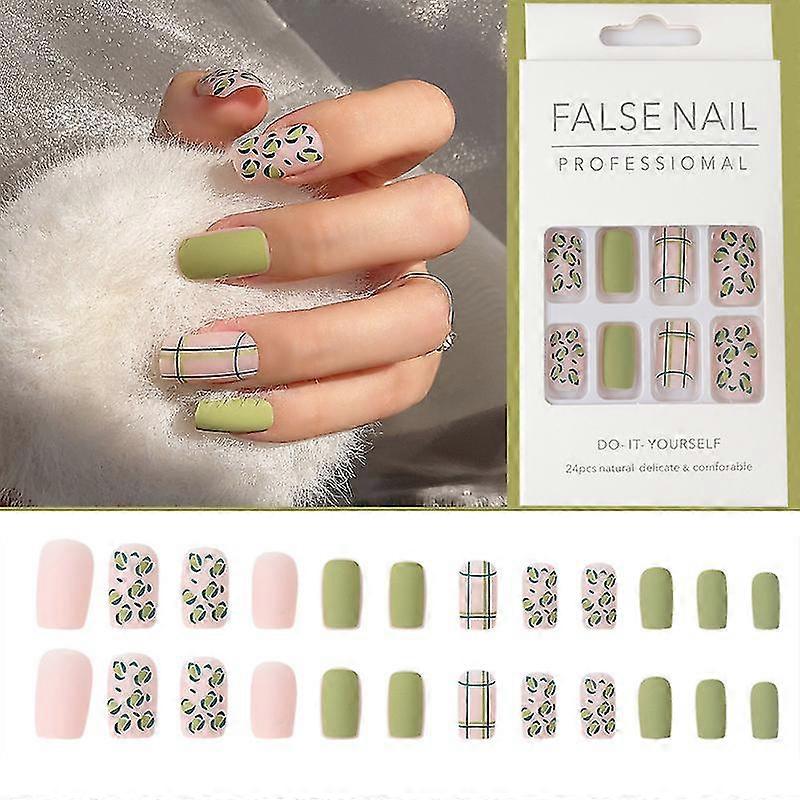 24pcs Green Leopard Nail Patch Sweet Style Jelly Gel Type Removable Long