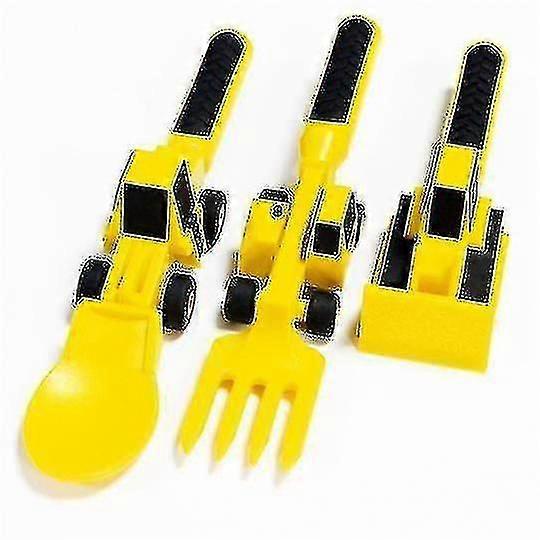 子供のための道具セット建設をテーマにしたフォークとスプーン幼児と幼児のための3ピースセット - イエロー