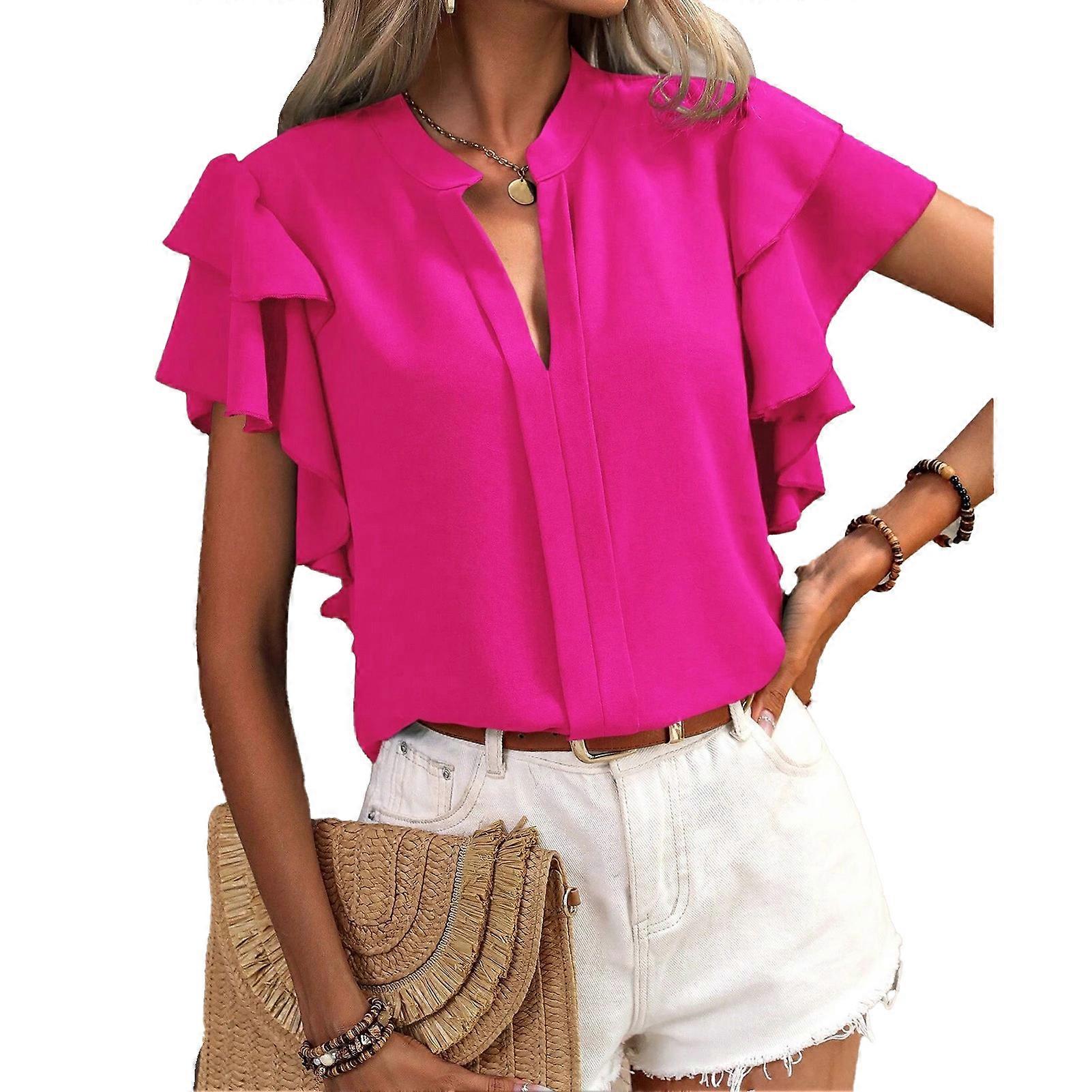 Women V Neck Double Layer Ruffle Sleeve Blouse Summer Rose Red S