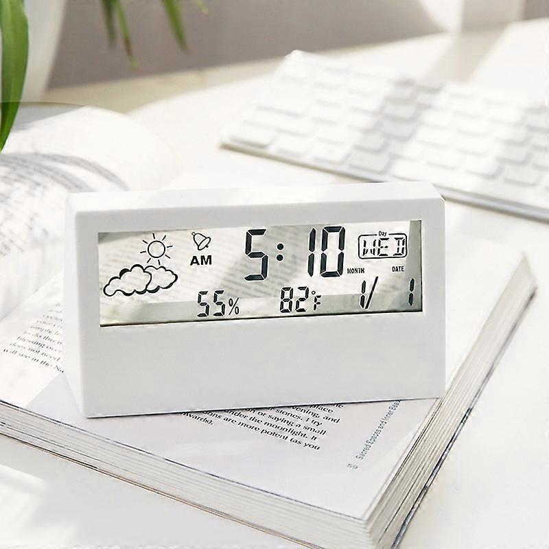 LCD Electronic Desk Clock Digital Display Multifunctional Temperature And Humidity Meter Alarm Clock Transparent White