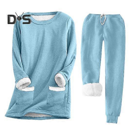 2Pcs/Set Women Autumn Winter Pajama Set O neck Long Sleeve Sweatshirt Elastic Drawstring Waist Pockets Pants Set Fleece Lining Loungewear Set