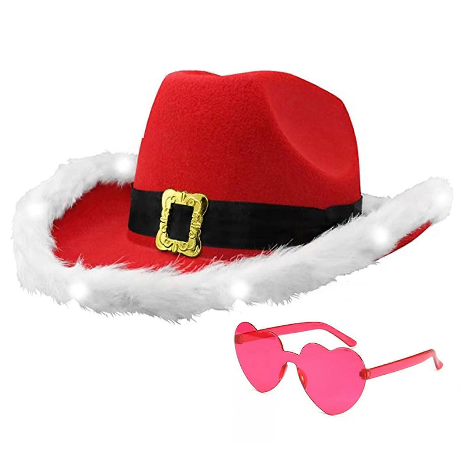 Noel Kovboy Kapakları Işıklı Batı Kovboy Kız Şapka Gözlükler Kadınlar için Kız Brim Noel Baba Şapka Noel Partisi Cosplay Sahne