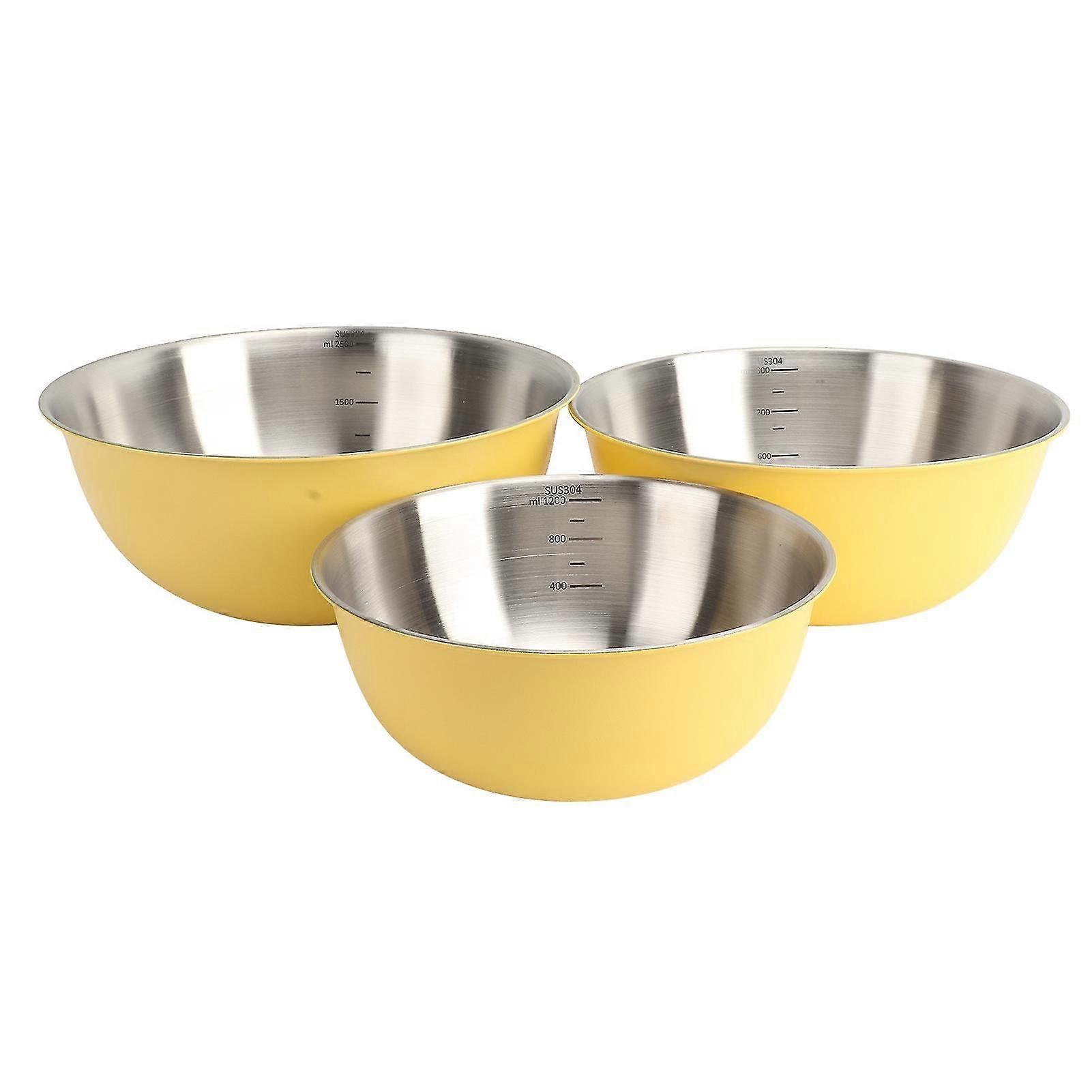 304 Stainless Steel Mixing Bowl Set - 3 Pieces, Salad Basin, Baking Kneading Dough, Egg Bowl with Scale - Cream Yellow