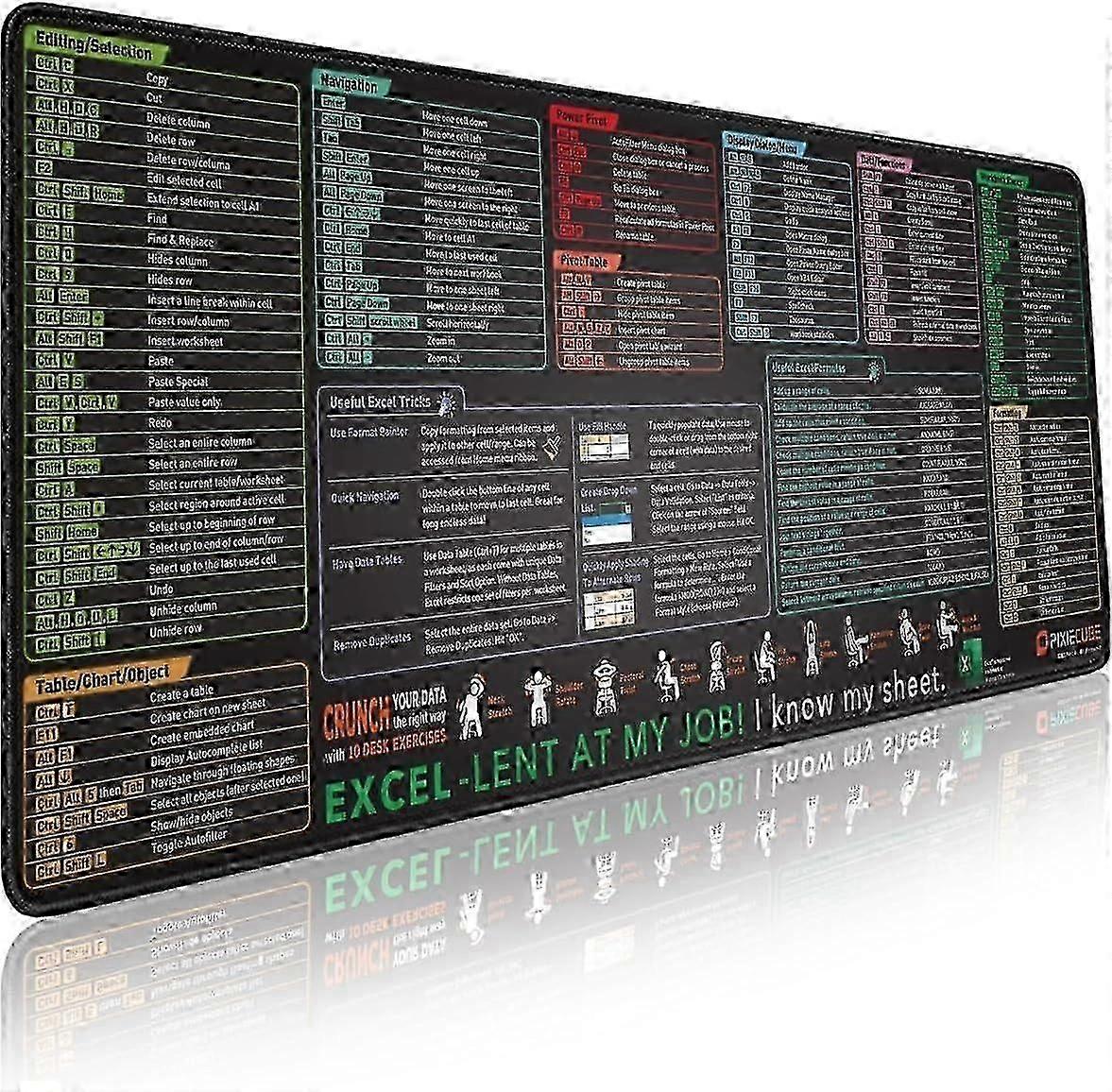 Tapis de souris avec raccourcis Excel - Grand format XL | Tapis de souris pour clavier et tableur | Bords cousus antidérapants