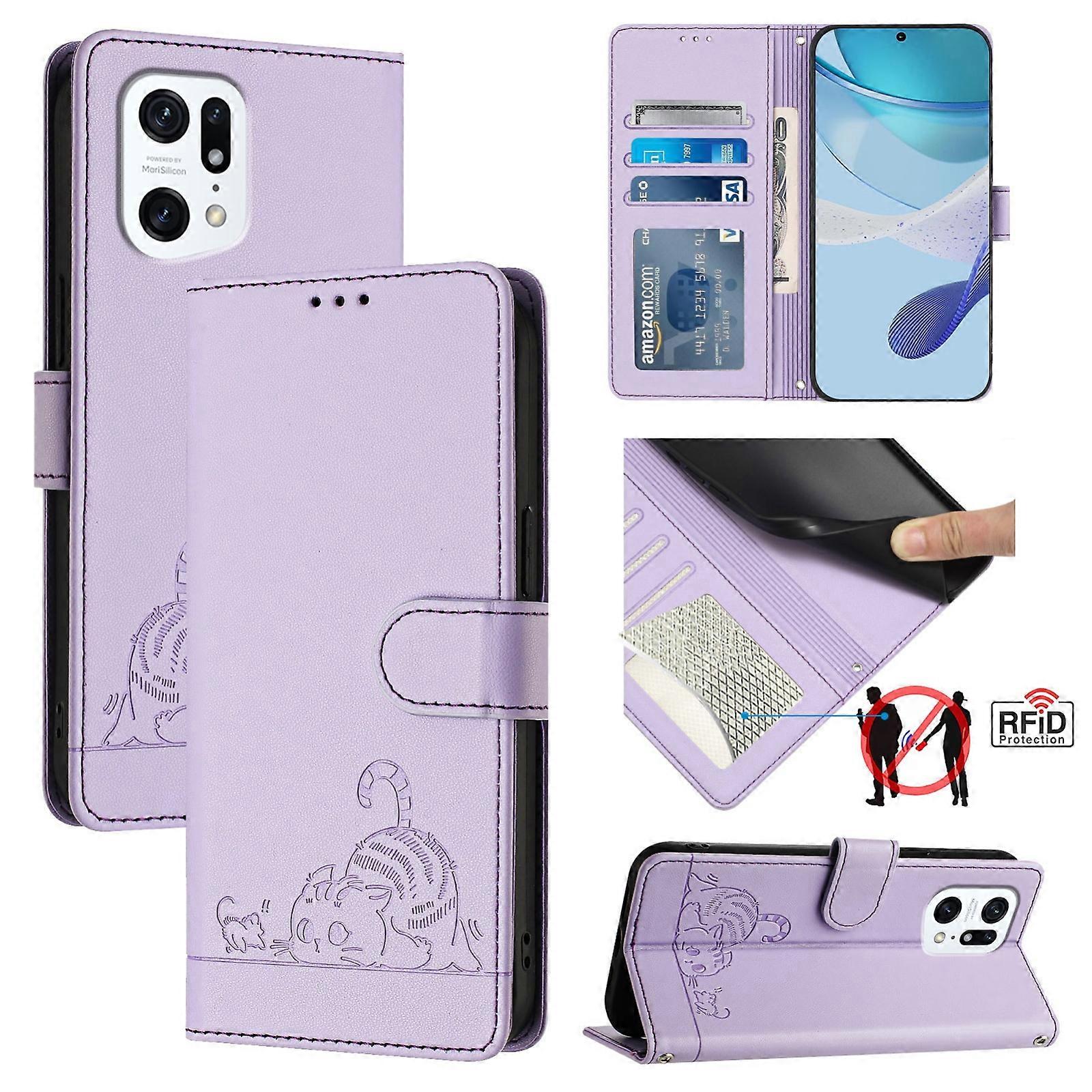 Cat Rat Embossed Pattern RFID Leather Phone Case with Lanyard