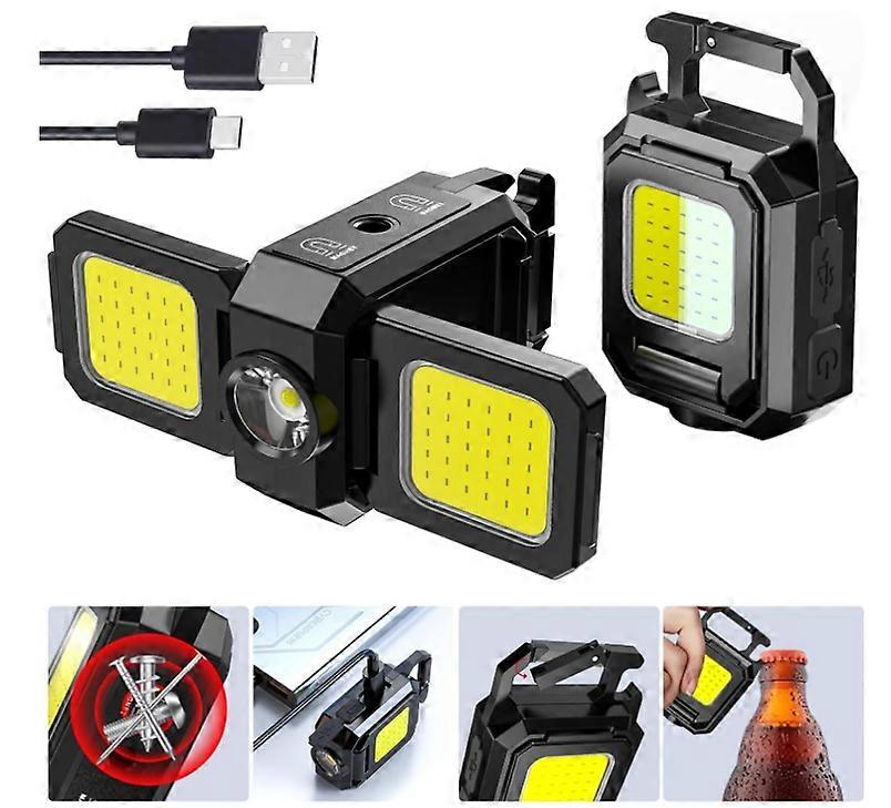 Upgrade 2Pcs Cob Keychain Work Light 5 Modes, 90 foldable Lamp, 1000 Lumens Rechargeable Mini Flashlight with Bottle Opener Magnet(Black)