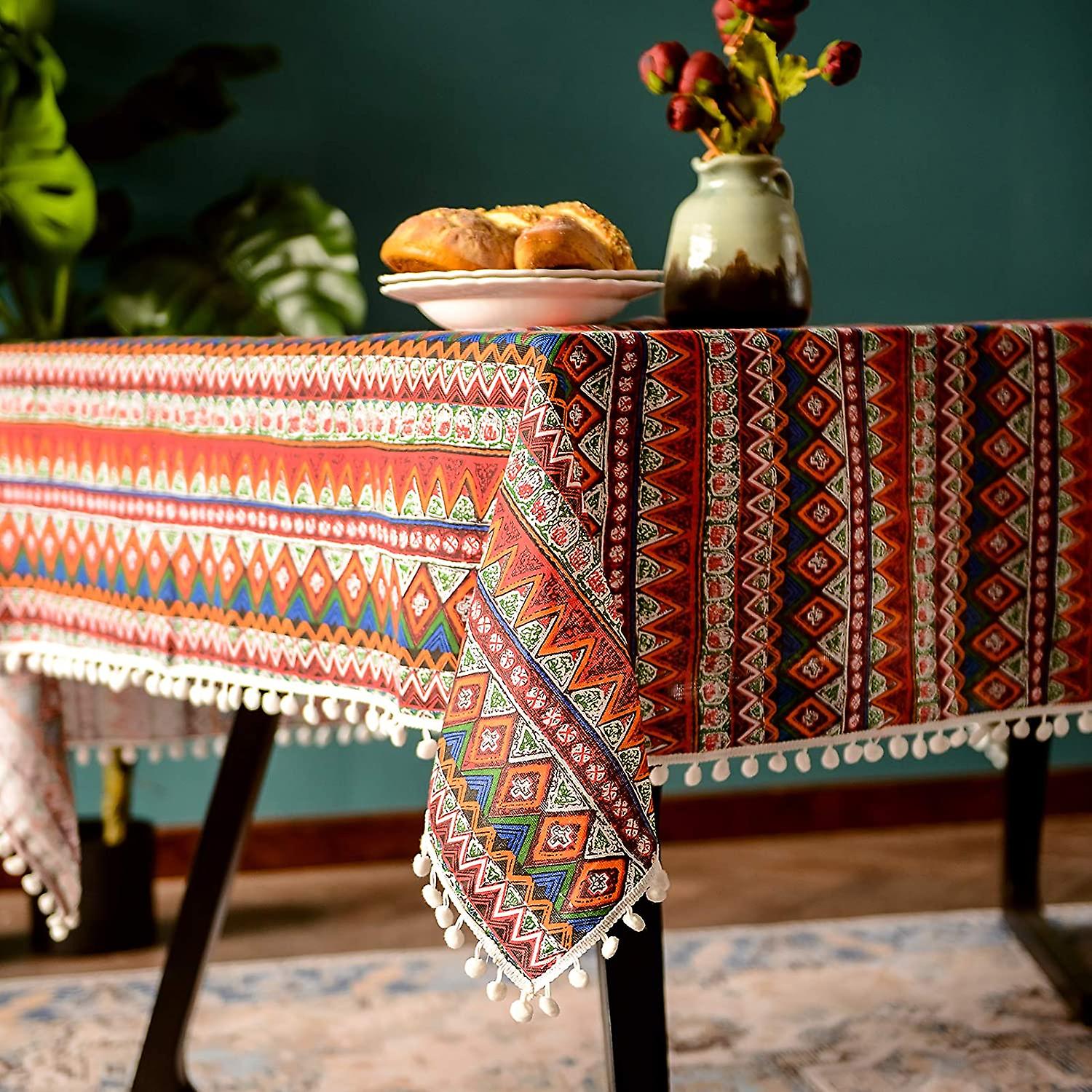 Pompom Tassel Tablecloth For Bohemian Rectangle Table Coverswrinkle Free Linen Bohemian Style Design Table Cloth For For Dining Room, Tabletop Decorat