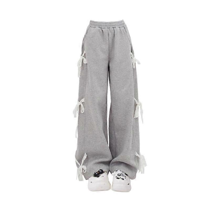 Women's Grey Lace Lace-up Pants Vintage Y2k Harajuku 90s Aesthetic Sweatpants Retro High Waist Wide Trousers 2000s Clothes 2024