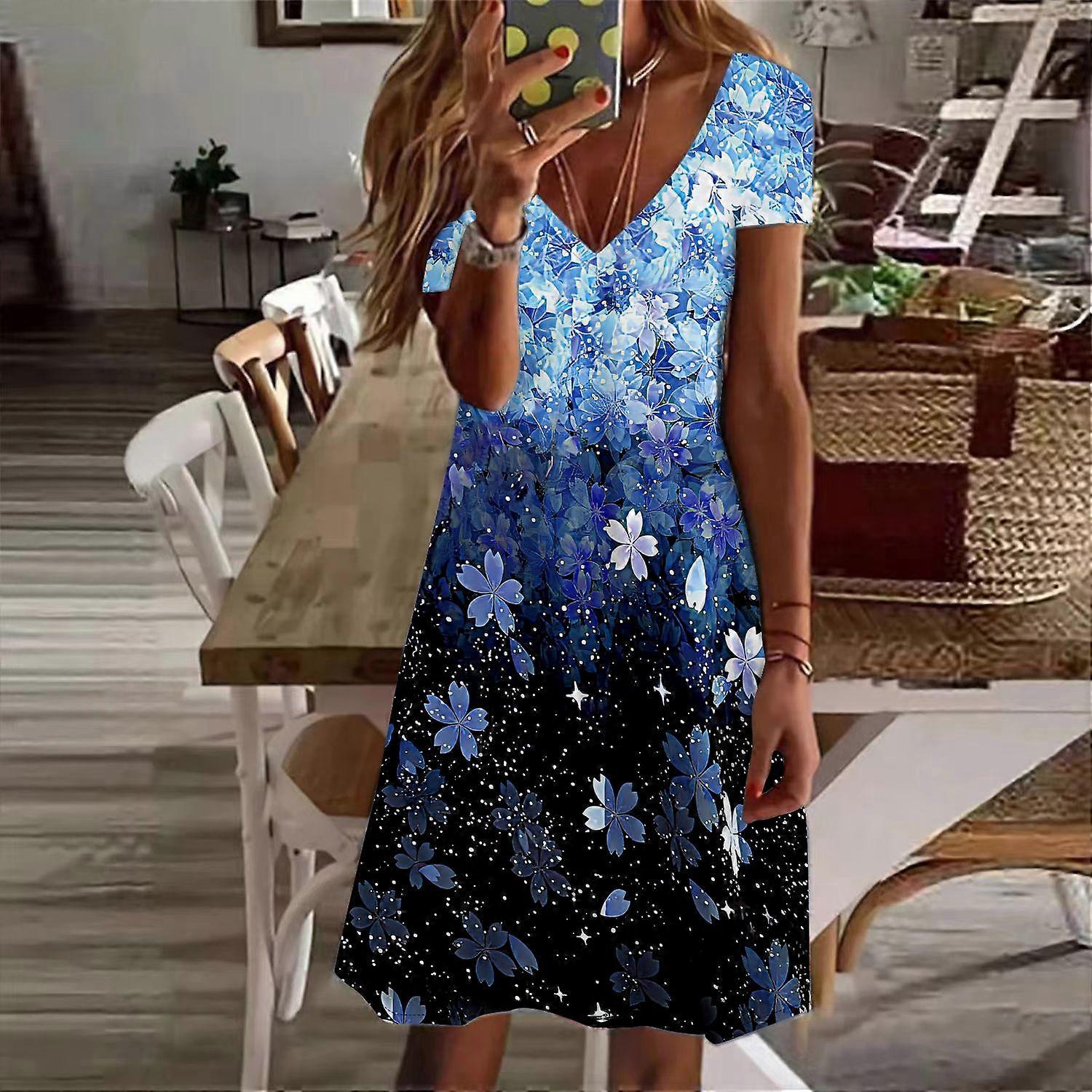 Letní módní dámské šaty s krátkým rukávem a výstřihem do V, modré květinové tištěné šaty