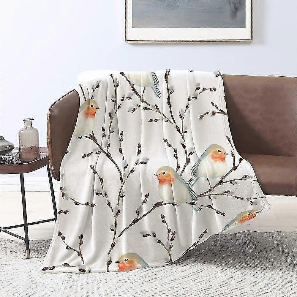 72x104in Fluffy Throw Blanket with Willow Branches and Birds Robin Design for Sofa, Bed in Bedroom