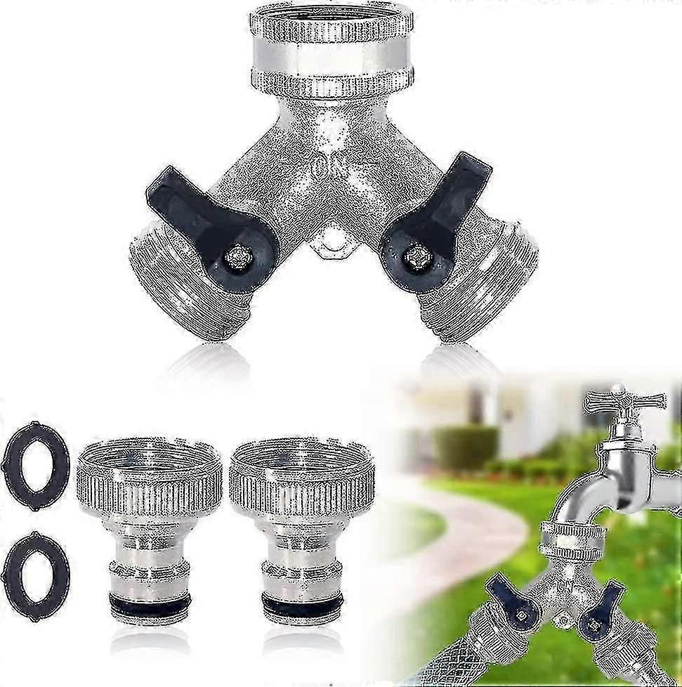 Garden Tap Splitter, 2 Way Hose Splitter Double Brass Tap With 2pcs 3/4 Inch Tap Hose Connector For Garden Irrigation