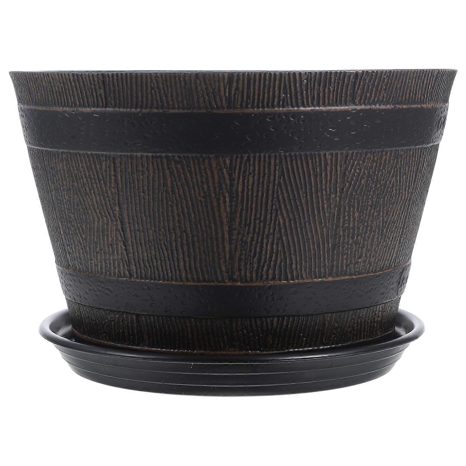 Durable ABS Barrel Planter with Vintage Design for Home Use Dark Brown Includes Saucer 12.5x14