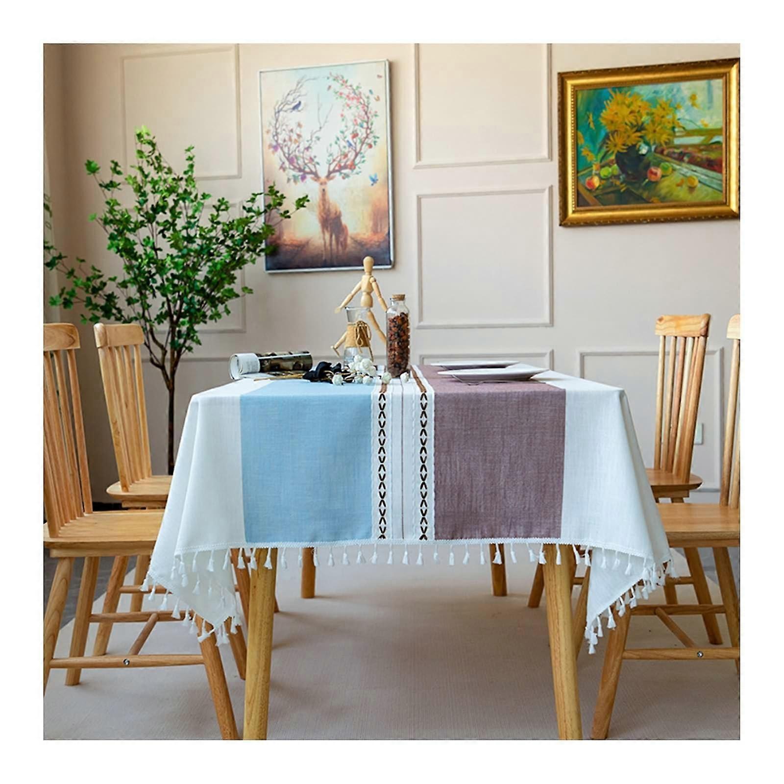 Rectangular Tablecloth, 140x180cm, Polyester, Washable, Striped with Tassels, Blue