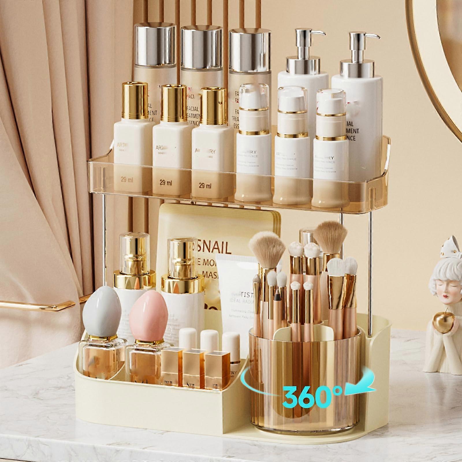 Rotating Makeup Organizer Large Capacity Cosmetic Display Case 2T Amber