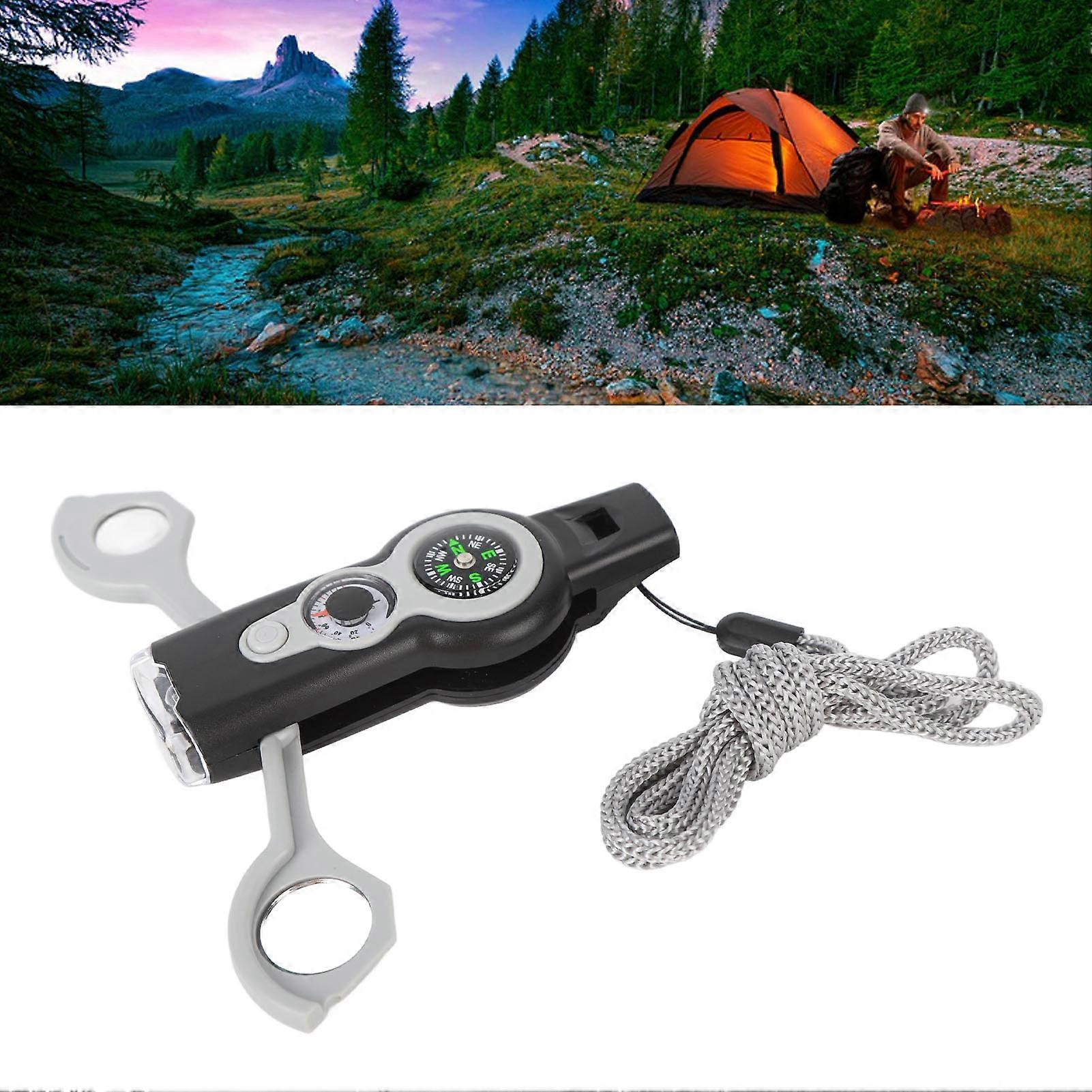 7 in 1 Emergency Survival Whistle LED Light Thermometer Compass Multi Function Whistle for Hiking Climbing Gray White 