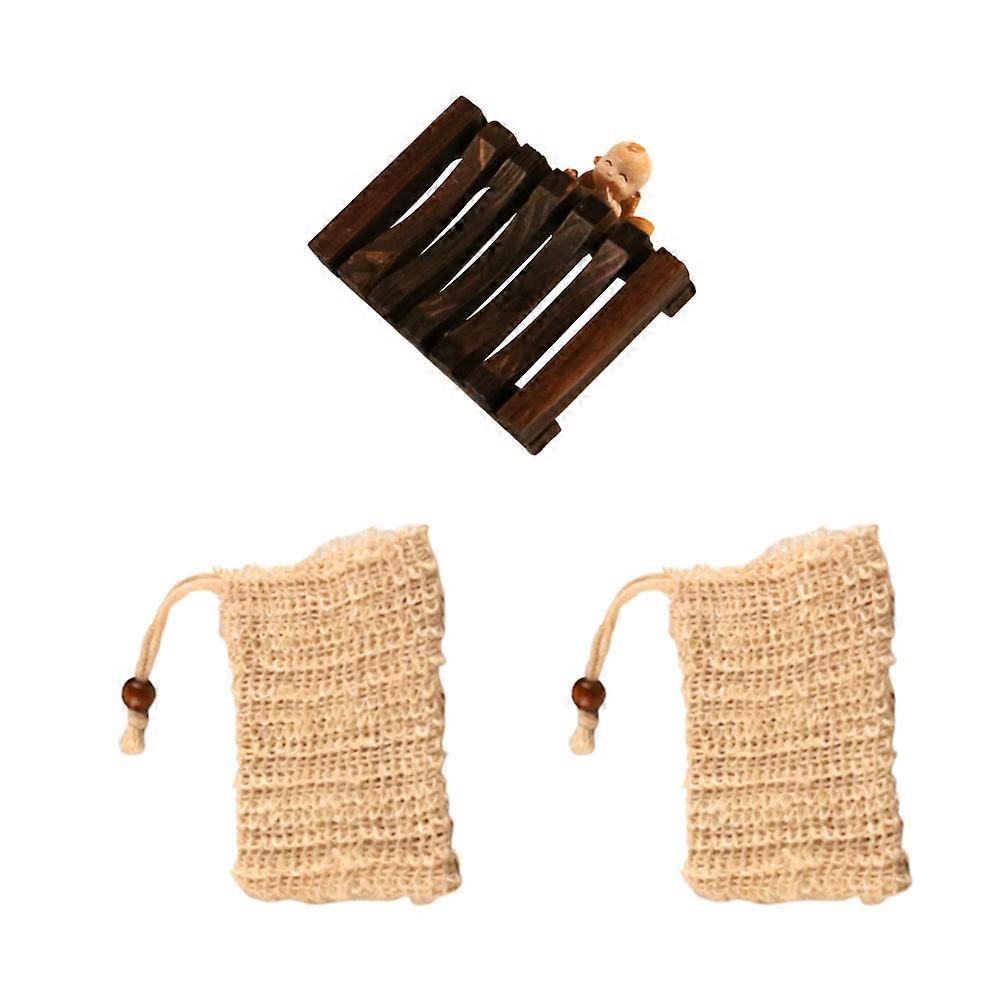 Soap Lathering Netted Bag And Wood Soap Holder For General Users In Assorted Color 2Pcs Bags 1 Dish 11.5x8.5cm