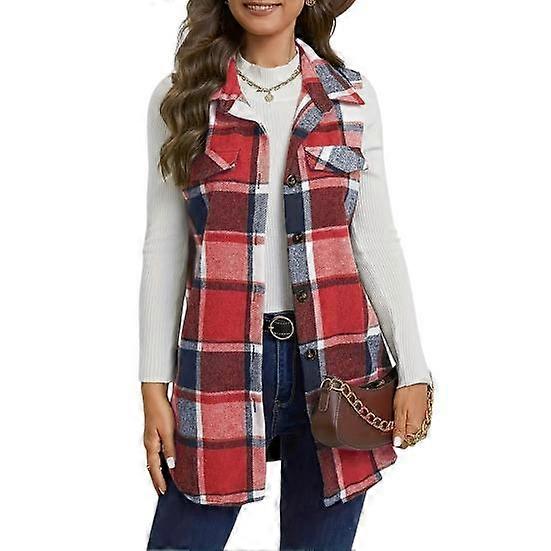 Lady Spring Fall Waistcoat Turn-down Collar Plaid Print Sleeveless Loose Single-breasted Mid Length Vest