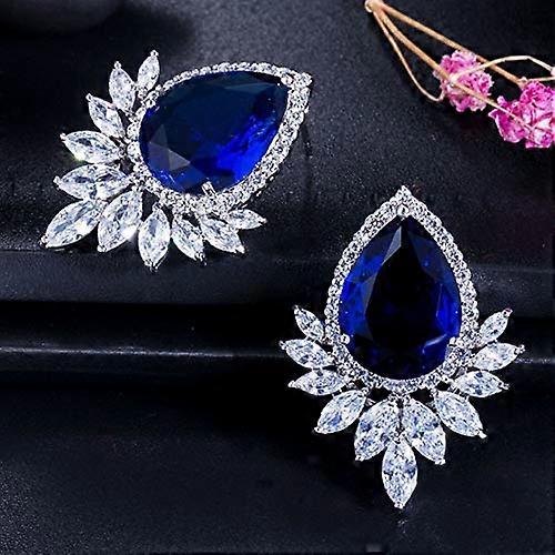 Women's Teardrop Earrings with Large Blue Cubic Zirconia, Sparkling Gemstone Dangle Jewelry in Silver Setting
