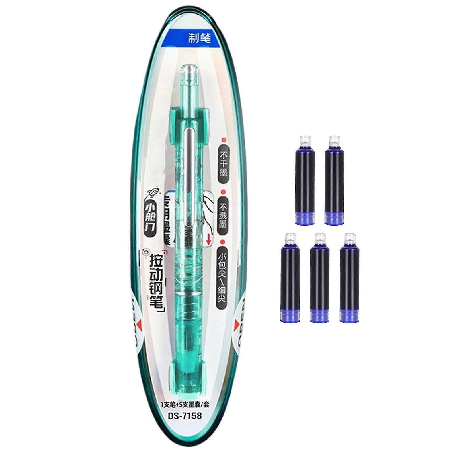 Retractable Fountain Pen - Manual 0.38mm Fine Nib Writing Tool with 5 Refillable Ink Refills in Green for Calligraphy and Journaling