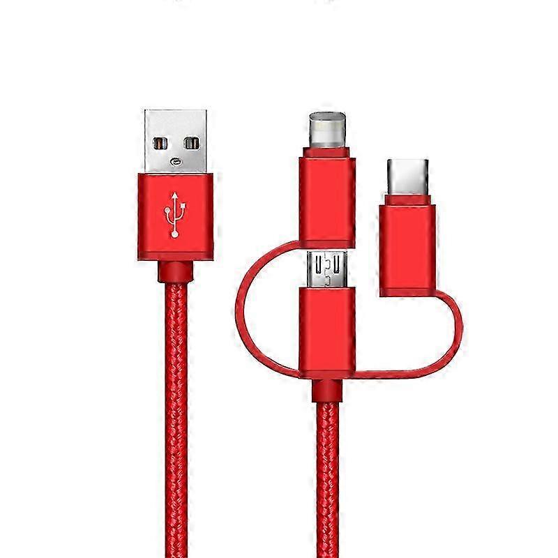 3-in-1 Braided Fast Charging Cable Compatible with iPhone, Android & Type-C Devices - Red