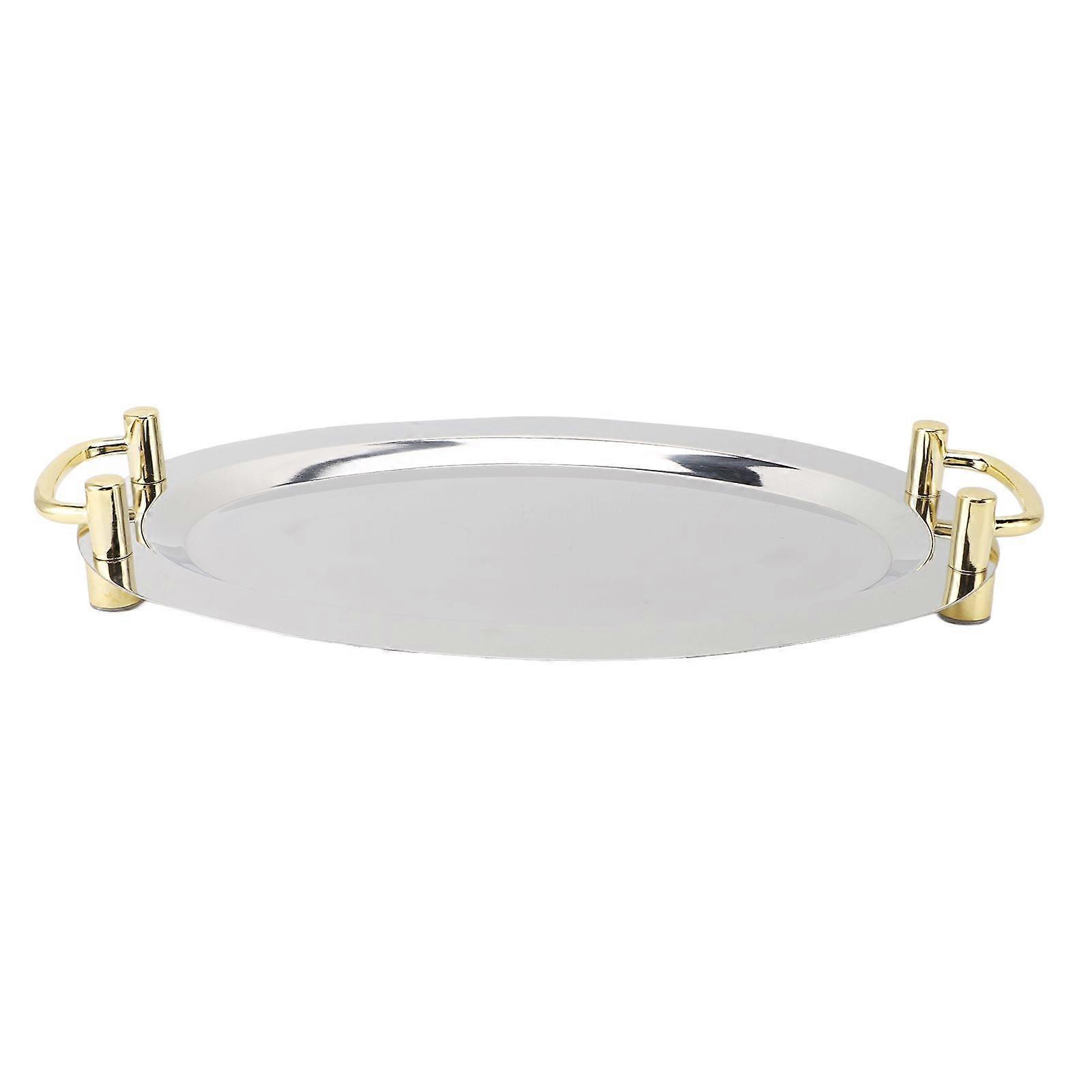 Stainless Steel Platter with Handle Multifunction Portable Metal Serving Tray Dinner Plate for Restaurant Hotel Buffet Round Shape with Gold Handle, 4