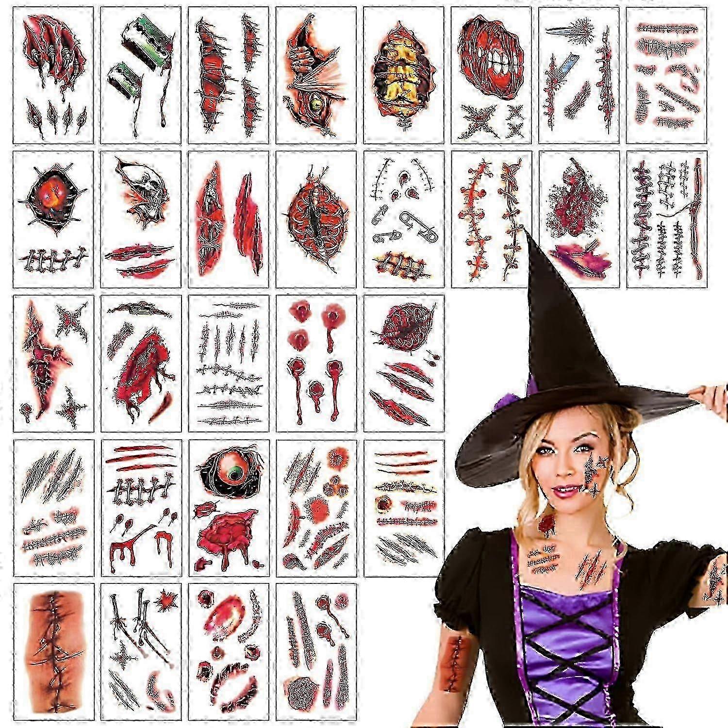 Halloween Zombie Makeup Stickers, Realistic Pattern Fake Prank Stitches Cuts Scars Wound Stickers, Vampire Bite Marks for Kids, Clown Bloody - FKB