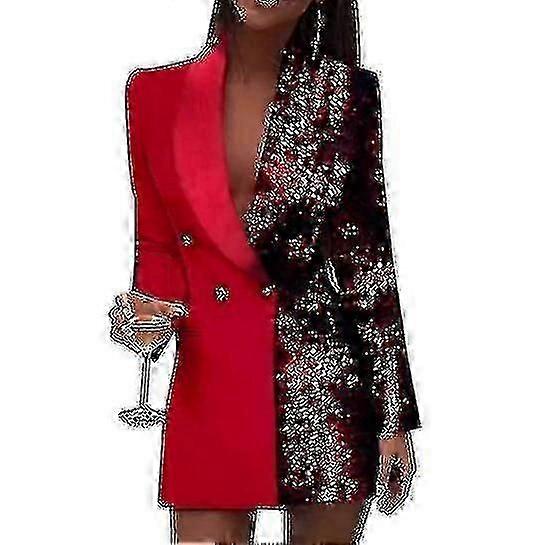 Mode Colorblock Paljetter Långärmad Dubbelknäppt Bodycon Blazer
