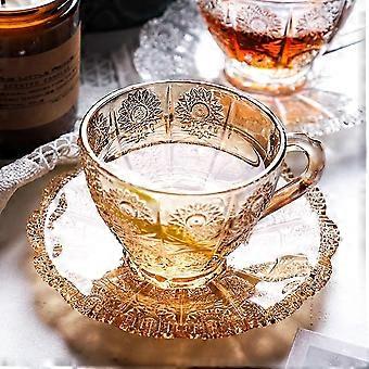 Vintage Sonnenblume Glas Teetasse, Glas Teetasse und Untertassen Set, Geprägte Glas Kaffeetasse, 7,2 Oz (bernstein)