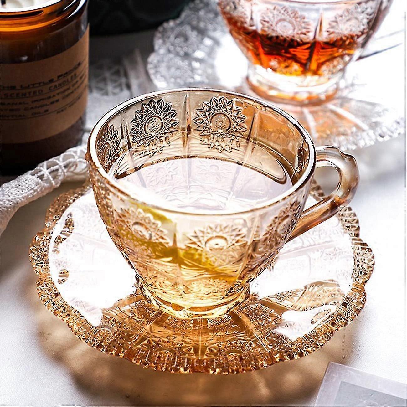Vintage Sonnenblume Glas Teetasse, Glas Teetasse und Untertassen Set, Geprägte Glas Kaffeetasse, 7,2 Oz (bernstein)