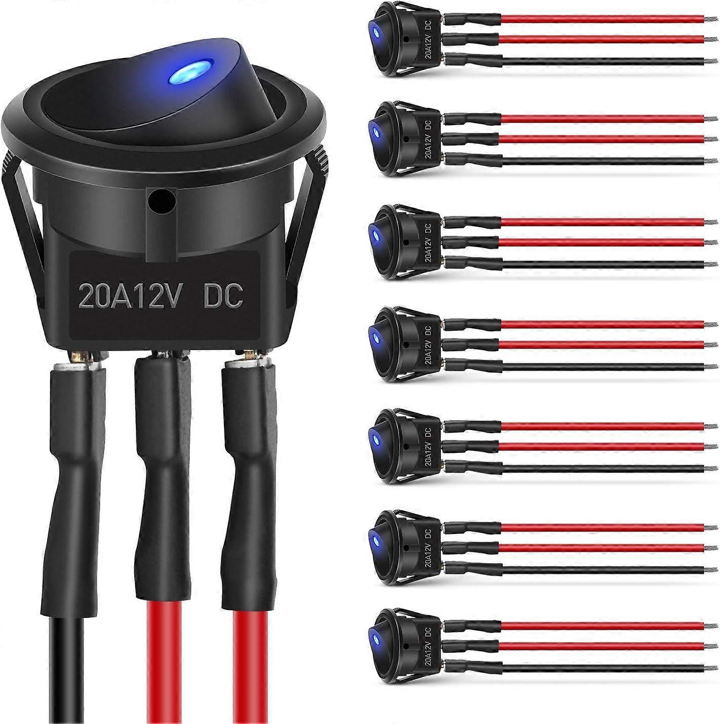 8PCS 12V 20A Round Blue Toggle LED Rocker Switch On-Off Control SPST 3Pins for