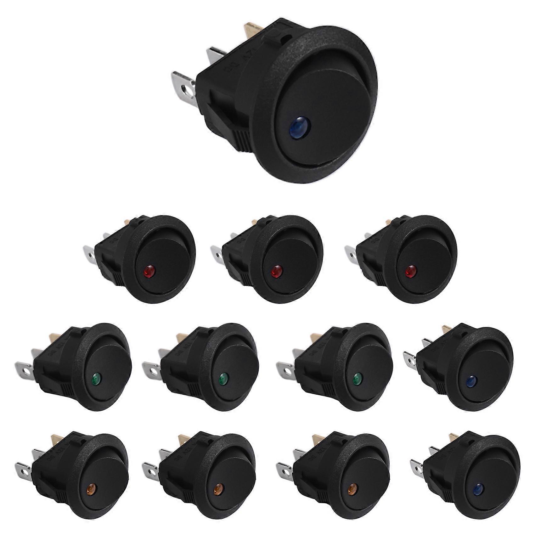 12PCS Round Dot Lighted Rocker Switch Toggle 20A 12V DC On/Off SPST Switch Control, 3Blue+3Green+3Yellow+3Red