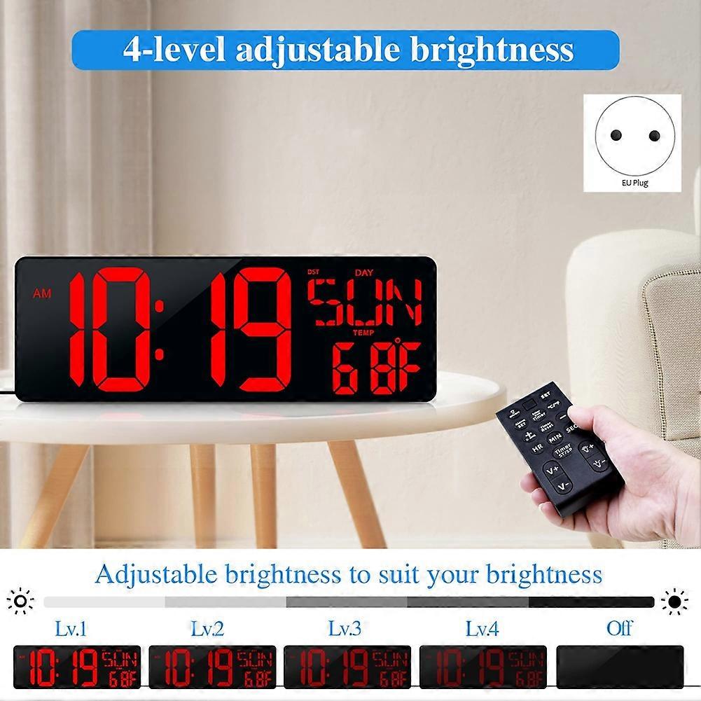 Large Digital Wall Clock 17.2 Inch LED Display Timer with Date Week Auto DST Adjustable Brightness EU Plug