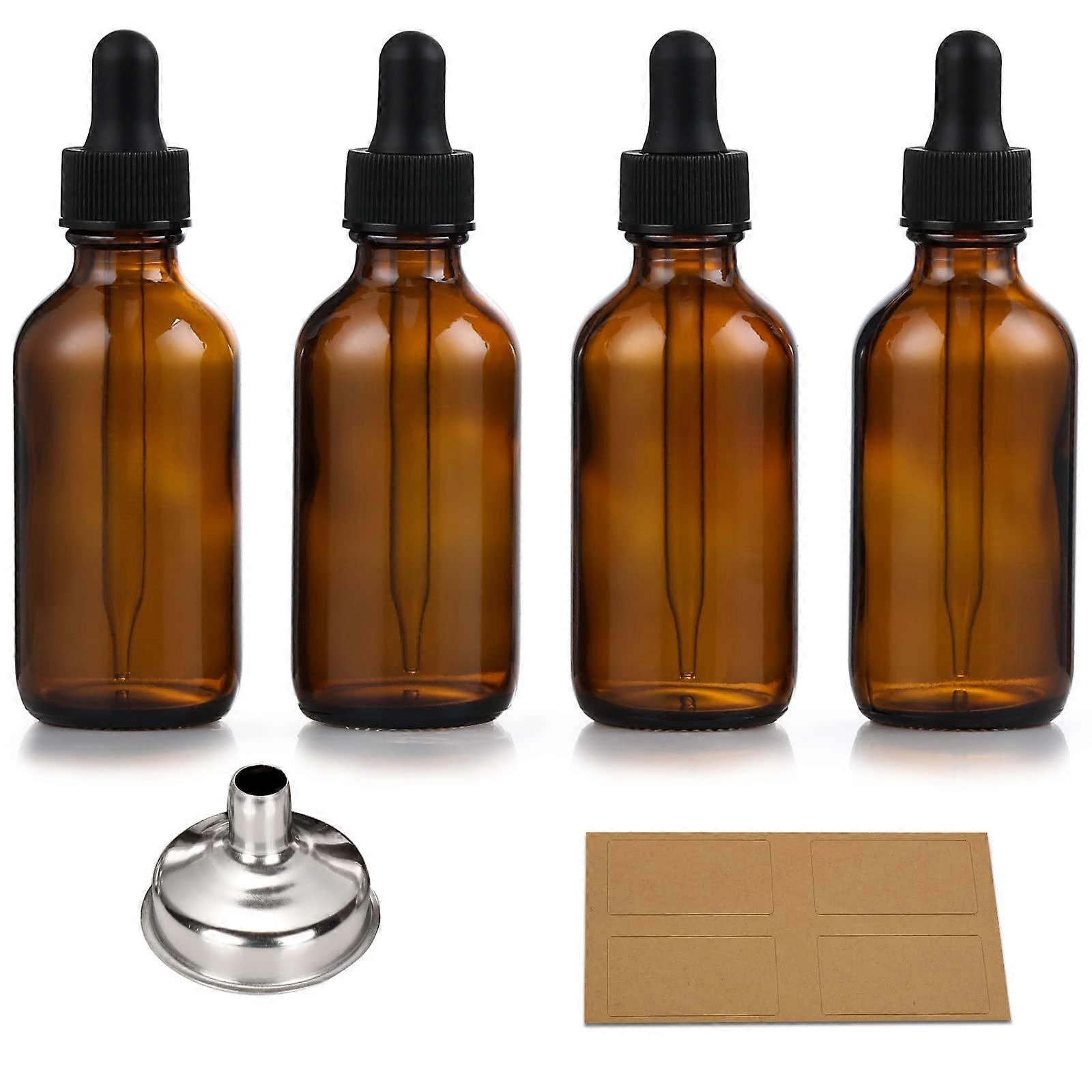 4 Pack 1oz Amber Glass Dropper Bottles with Funnel and Labels, Leakproof UV Protection for Essential Oils