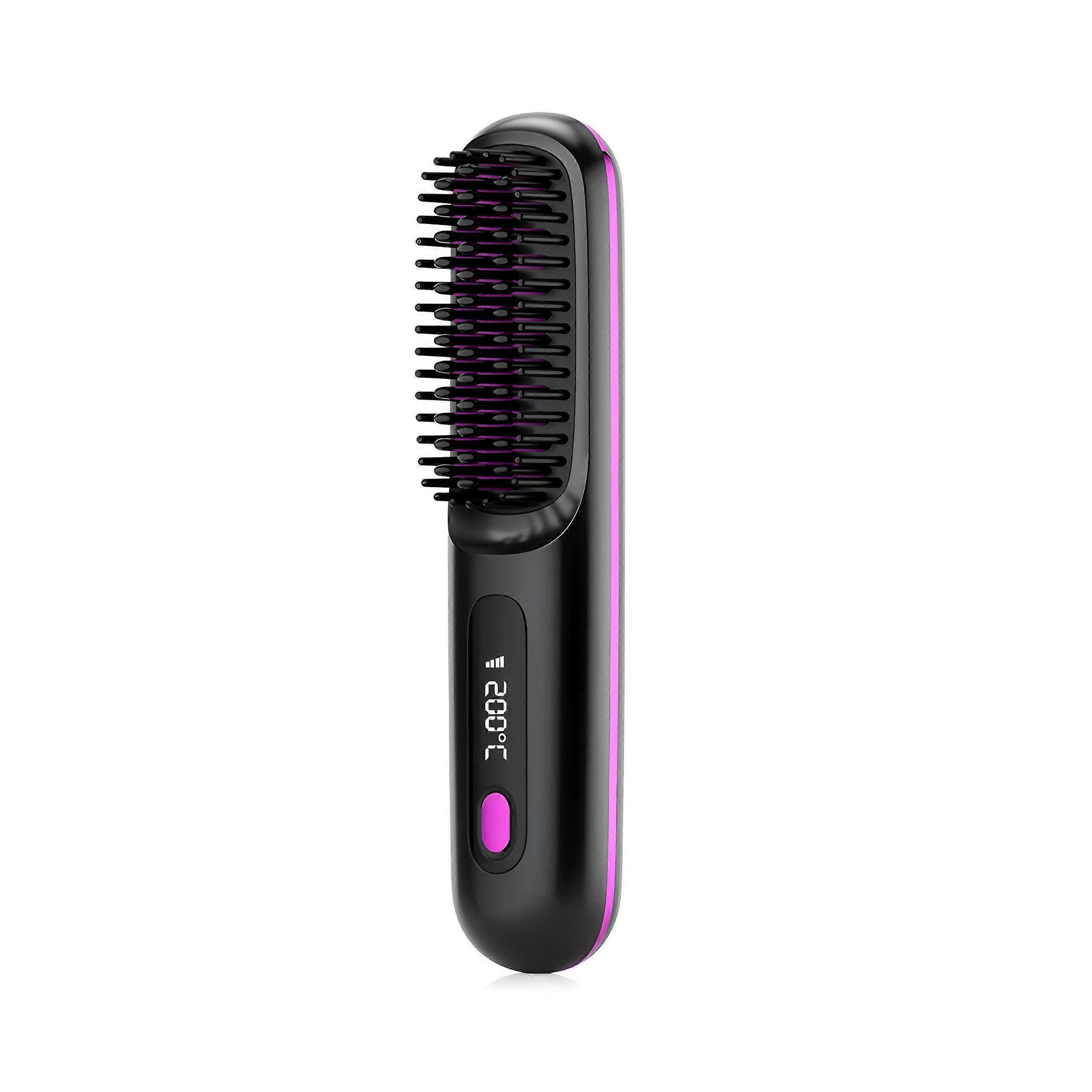 Cordless Hair Straightening Brush with LCD Display, 2 in 1 Styling, Black and Purple