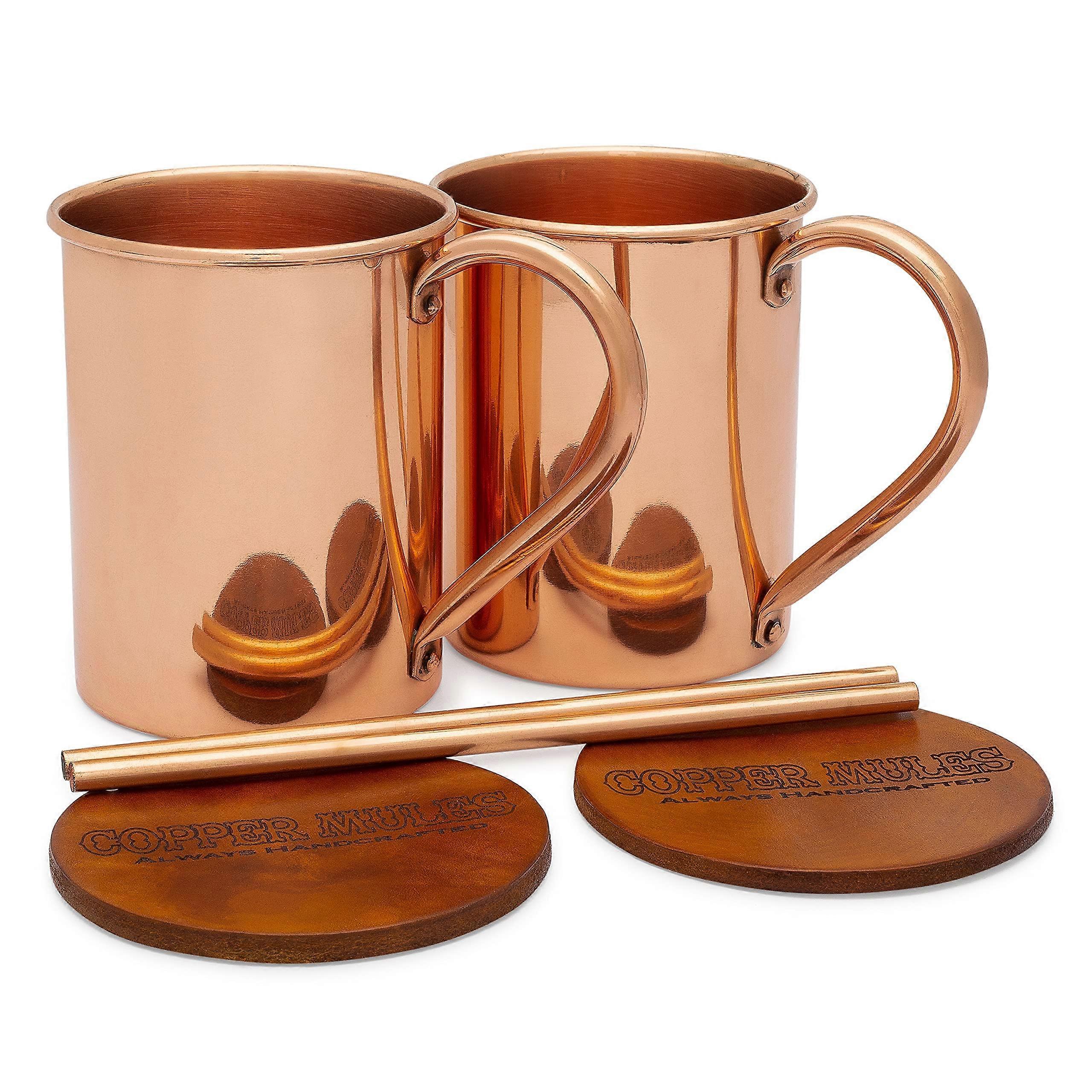 Pure Copper Moscow Mule Mugs Set of 2, 16oz, TarnishResistant with Riveted Handles, Coasters and Straws
