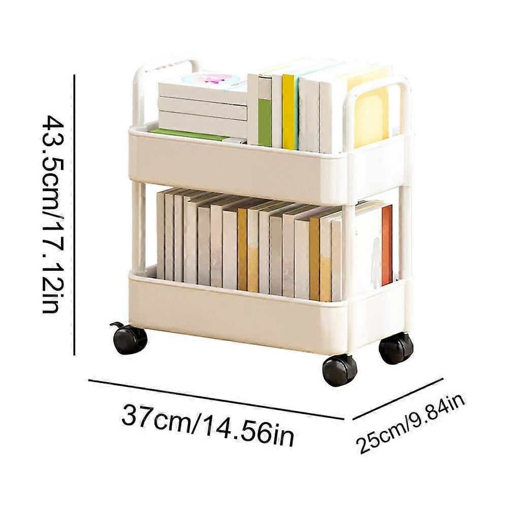 2-Tier Movable Bookshelf Cart with Wheels Multi-Purpose Storage Rack for Books Toys Snacks Household Mobile Organizer